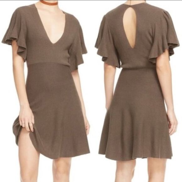 Free People Cozy Night Mini Dress Deep V Neck Key Hole Ruffle Sleeves Flowy C5 - Picture 1 of 12